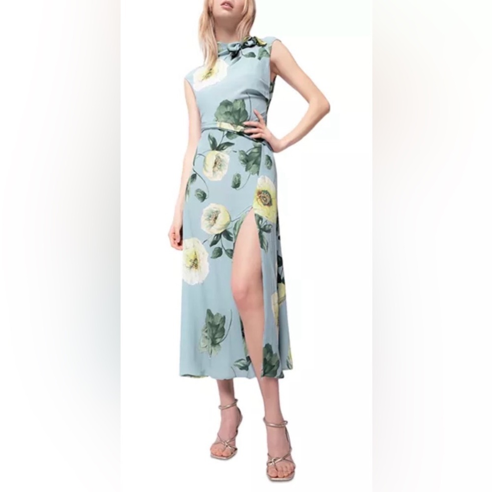 Pinko Itaca Floral Crepe Midi Dress Blue Green Slit Tie Neck Italy Size 4